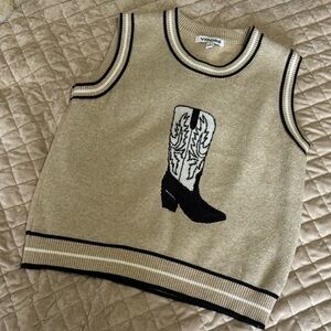 Vigoss Beige Sweater Vest with Black Cowboy Boot Design